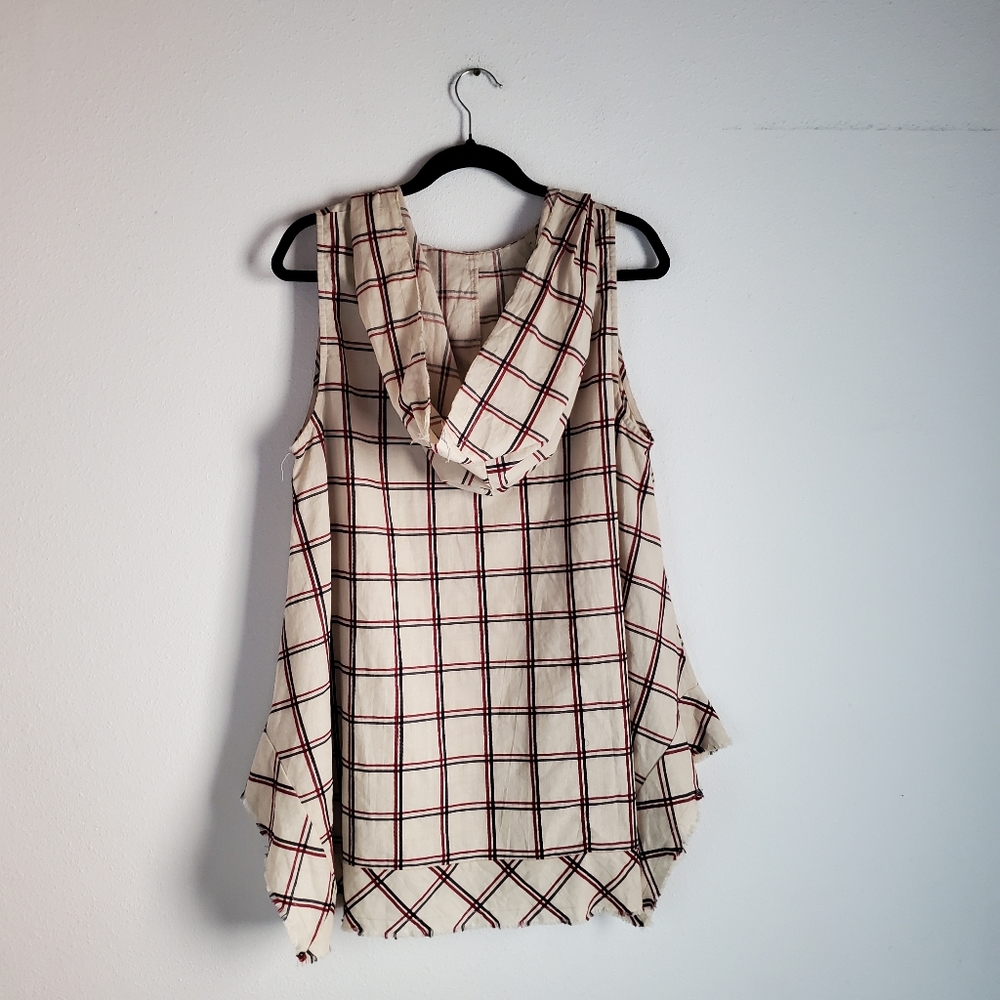 Umgee Hooded Longline Top XL Windowpane Neutral Sleeveless Raw Hem Cotton - Picture 4 of 7